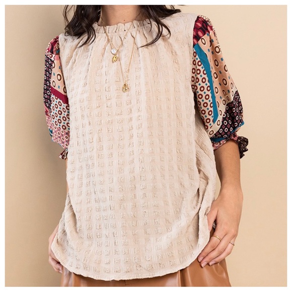 08 Boho Multi Fabric Ruffle Half Sleeve Blouse Top - Picture 4 of 4